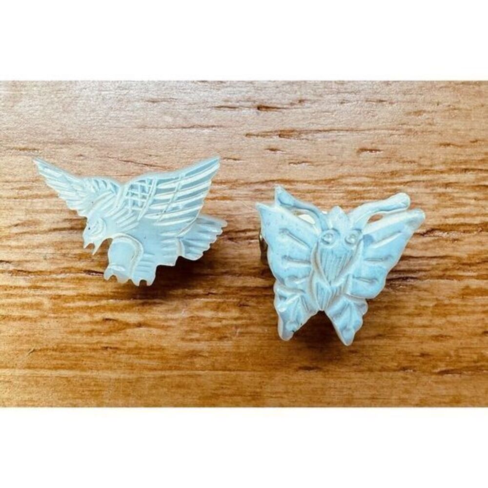 Carved Butterfly And Hawk Mother Of Pearl Brooch Pin Vintage Set Of Two